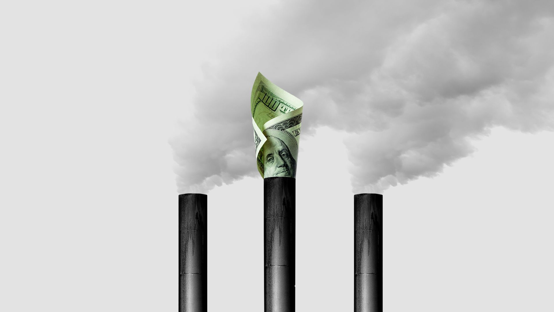A dollar bill coming out of a smokestack.
