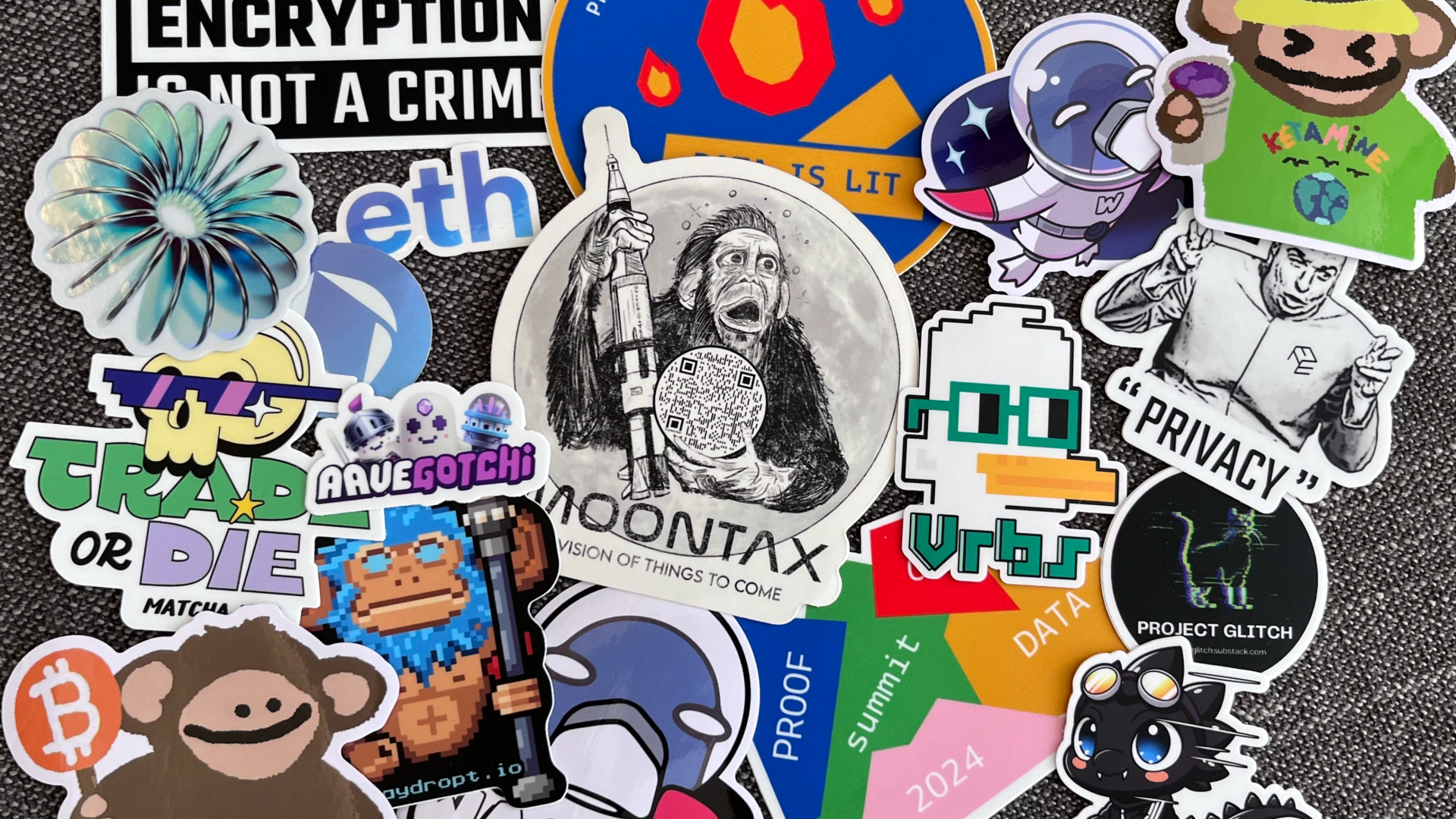 A bunch of crypto stickers