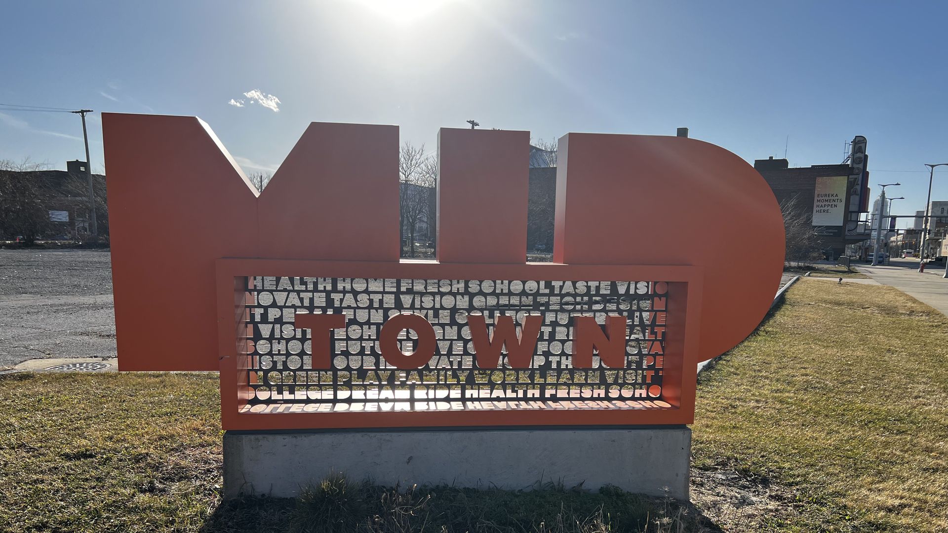 Up-close photo of the Mid Town sign in Cleveland, Ohio.