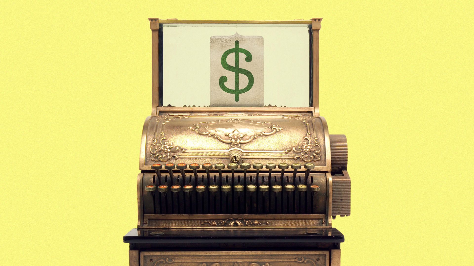 Illustration of a vintage cash register with an extra large display showing a dollar sign.