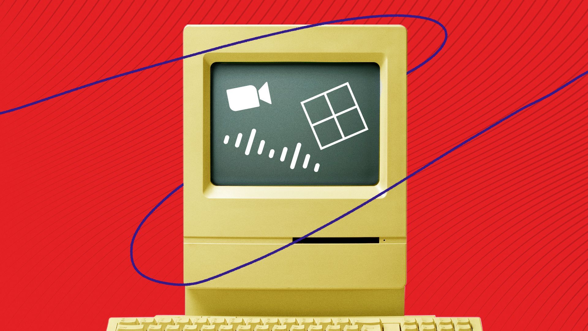 Illustrated collage of a computer with the Zoom, Microsoft and Cisco logos.