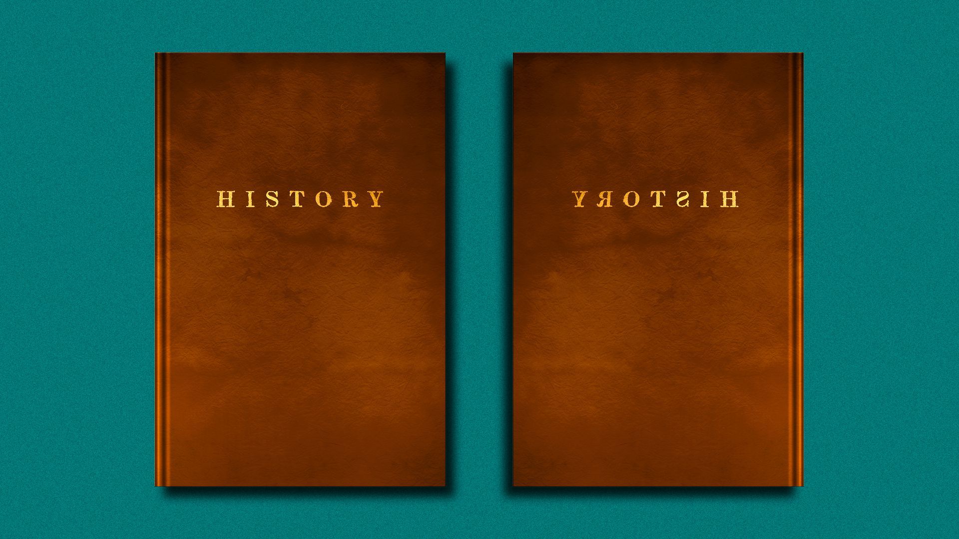 Illustration of two history books reflecting each other, one with the title written backwards