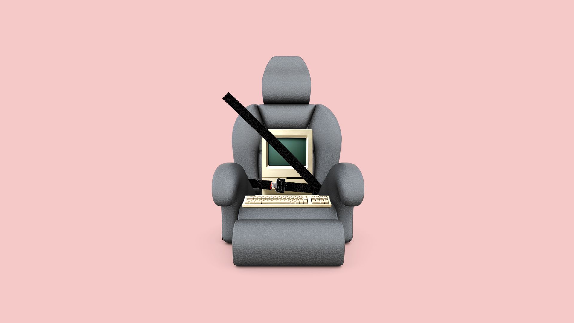 Illustration of a computer wearing a seat belt.