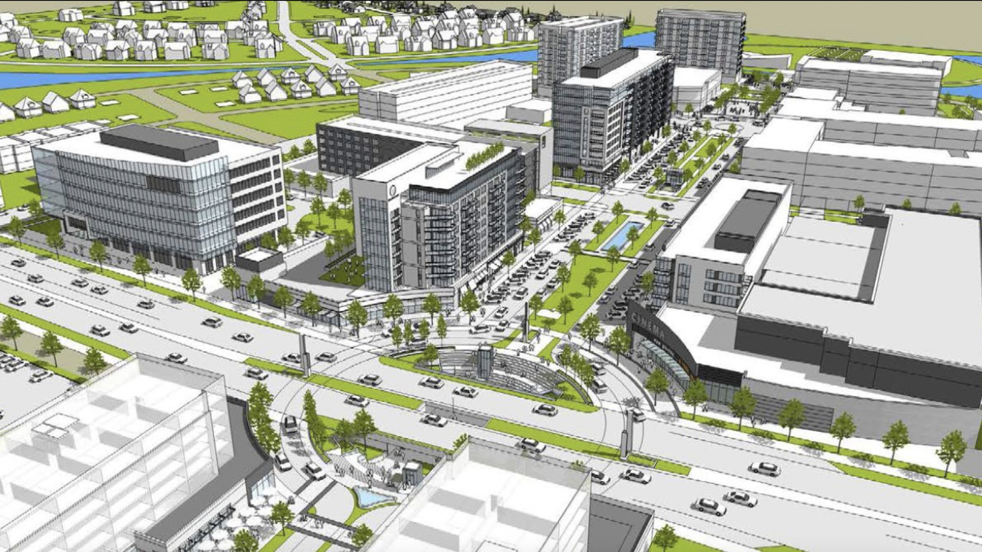 Renderings of buildings surrounded by houses