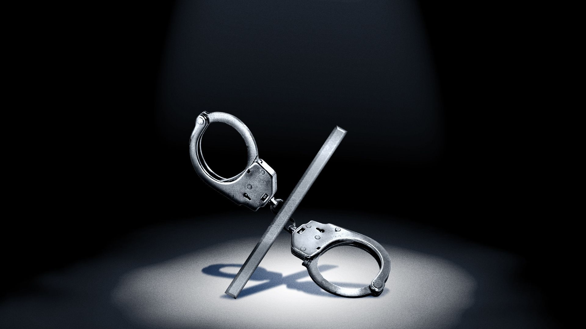 Illustration of a percentage symbol made out of handcuffs under a spotlight. 