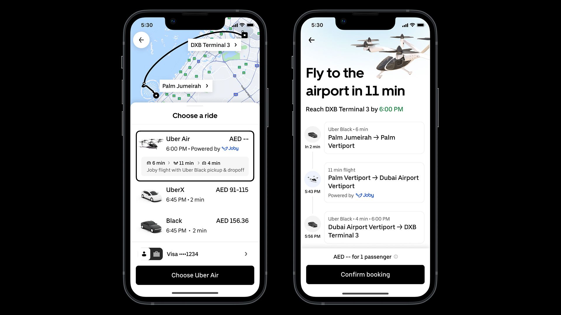 Two phones show Uber app screens for booking a ride from Palm Jumeirah to DXB Terminal 3 airport using Uber Air with a flight segment, timing details, and pricing in AED.