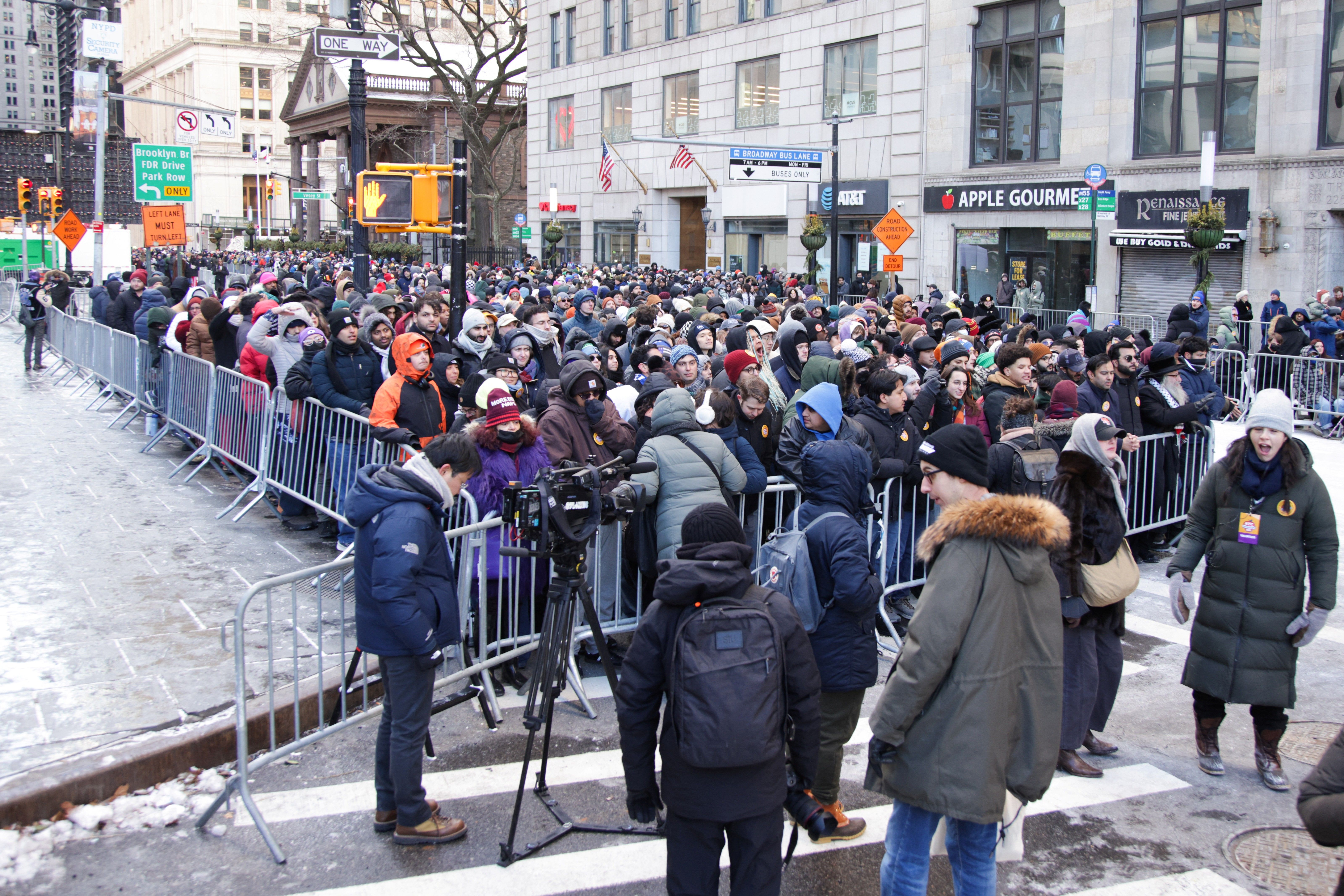 Crowd outside City Hall in Manhattan