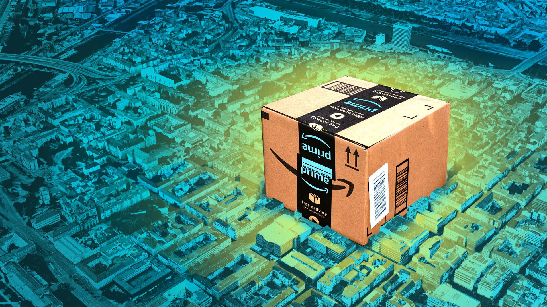 Illustration of an Amazon package in a city