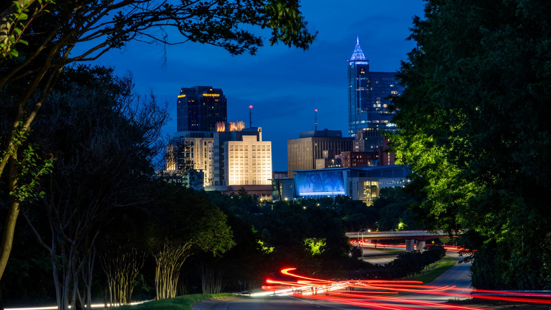 The Raleigh skyline at night