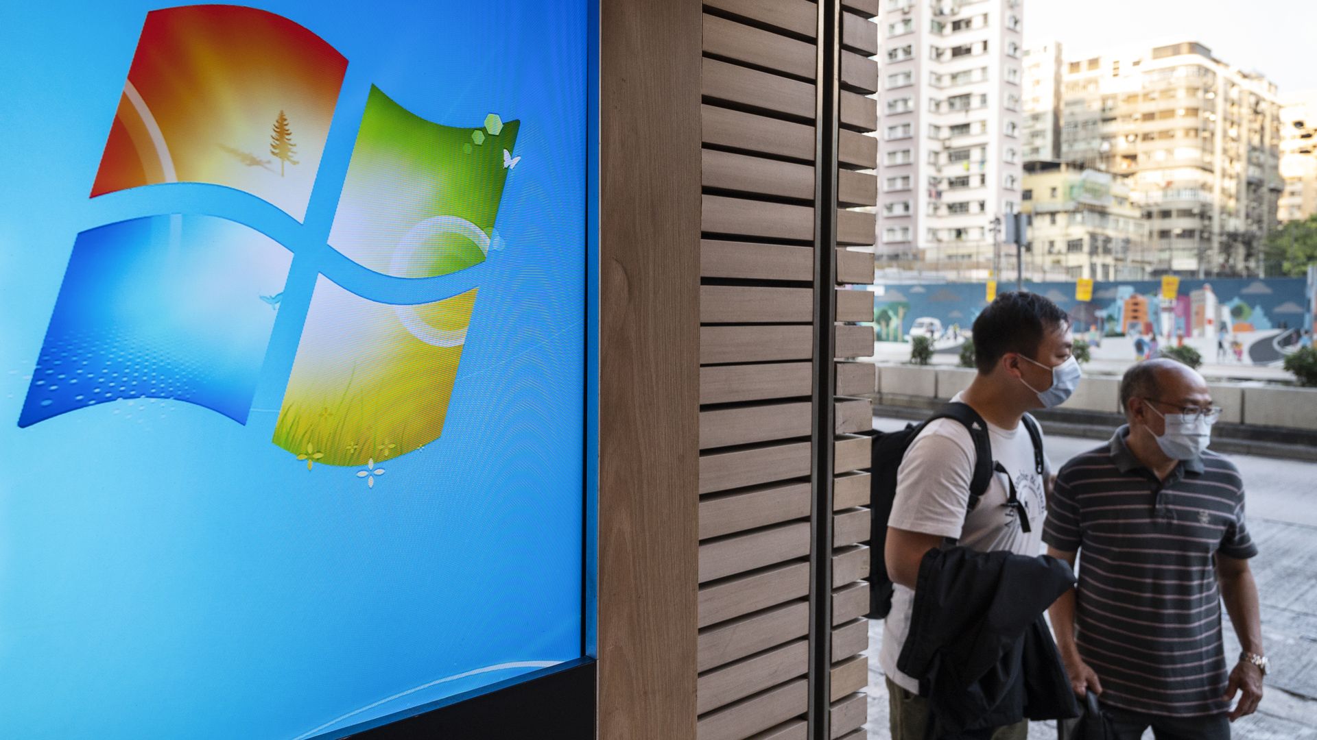 A screen displaying Microsoft's logo in Hong Kong in February 2021.
