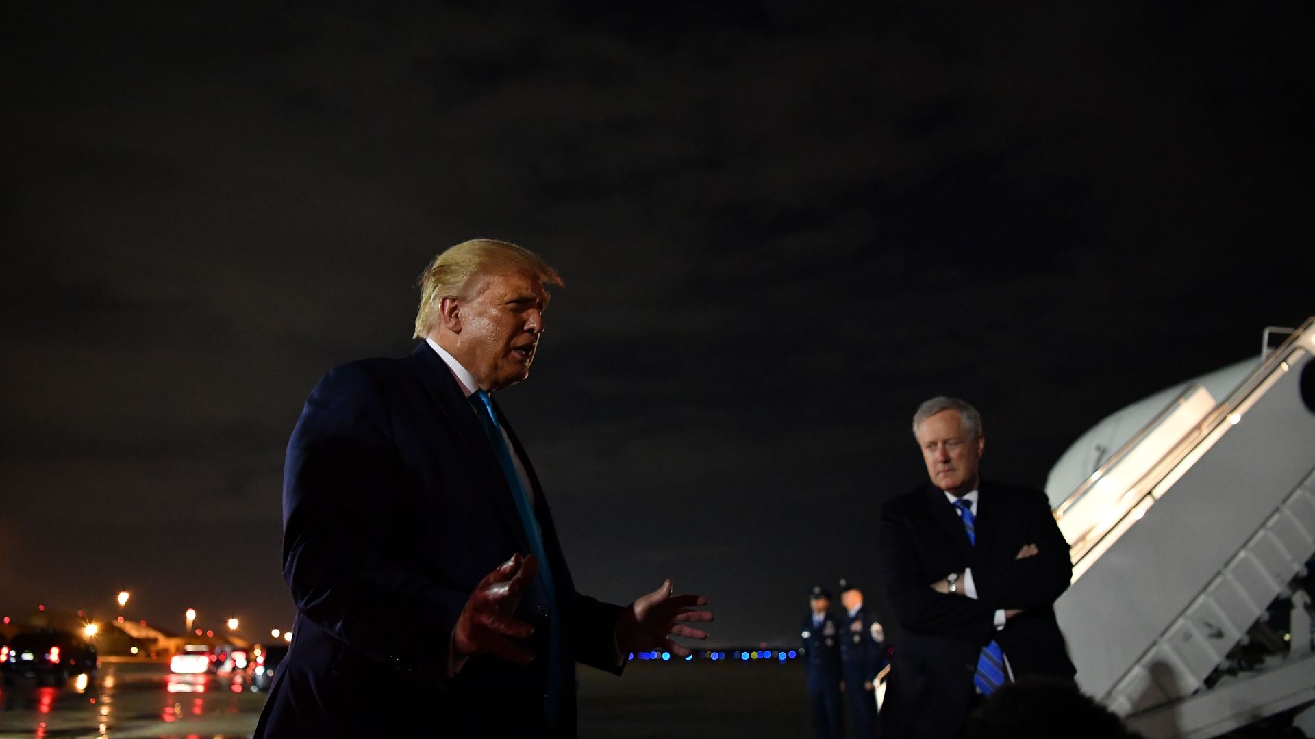 Trump with Mark Meadows, his chief of staff, on Sept. 3 at Andrews Air Force Base in Maryland. 