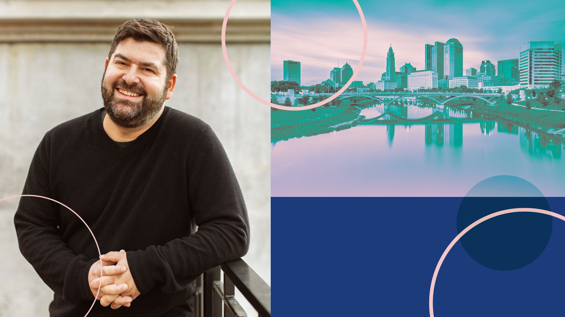 Photo illustration of Chef BJ Lieberman next to a photo of the Columbus skyline.