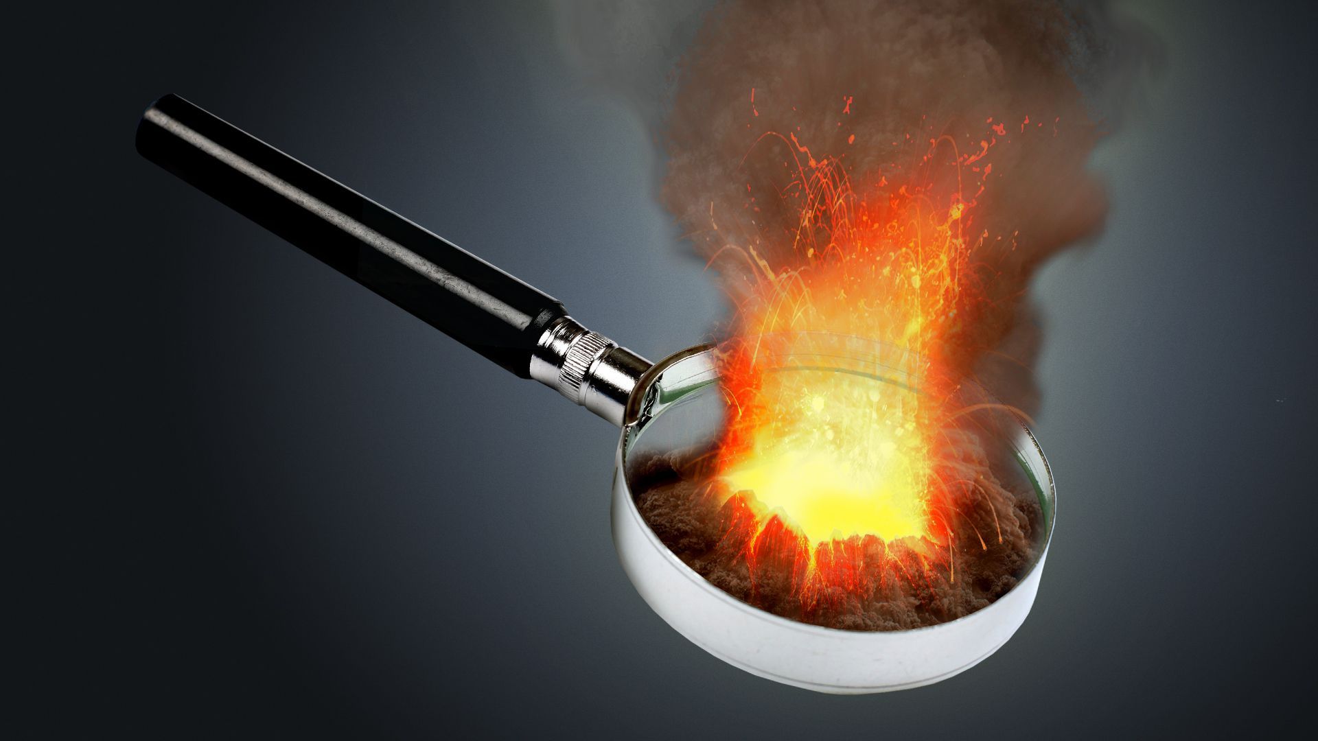 Illustration of a magnifying glass with an erupting volcano bursting from the glass