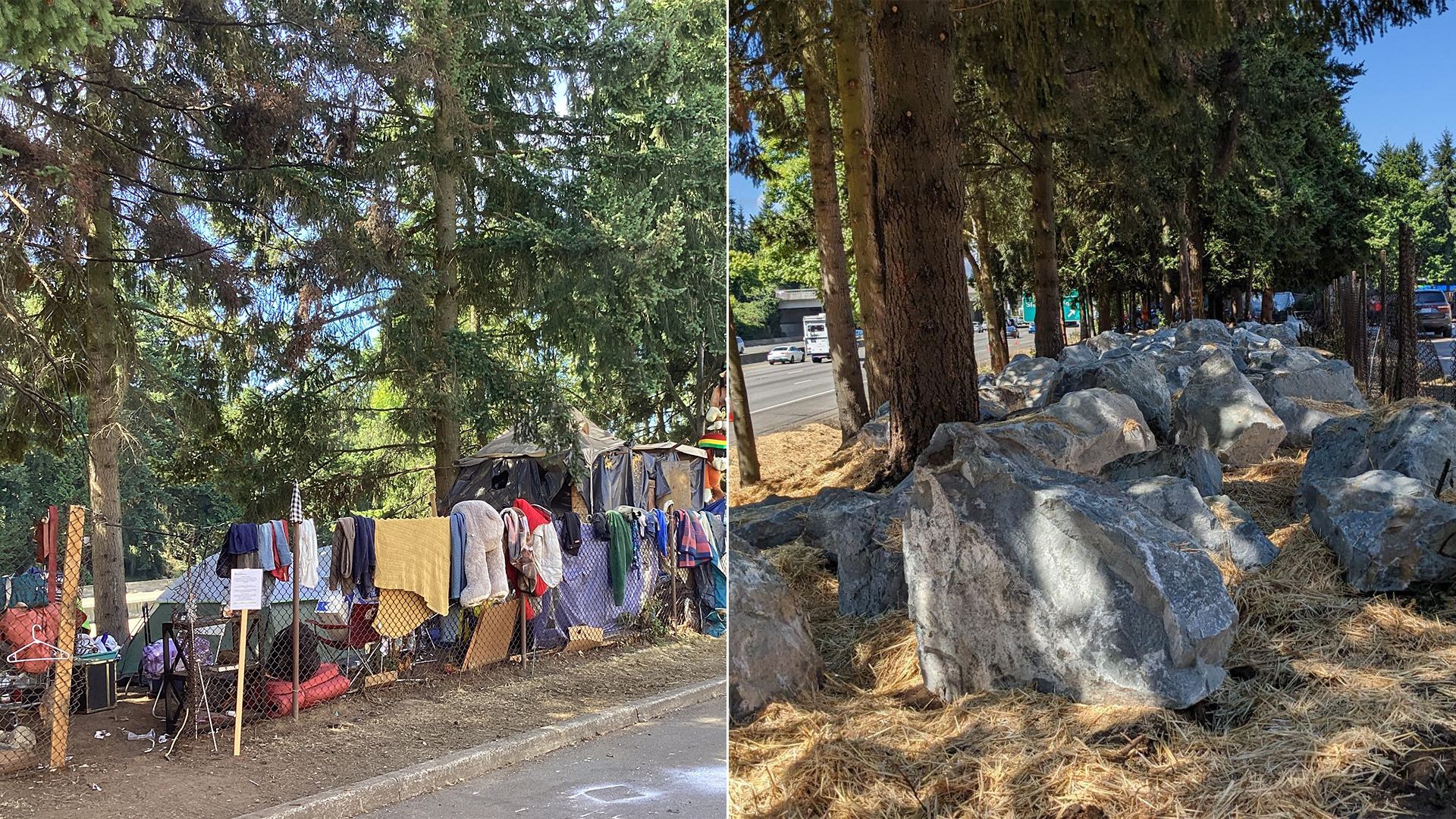 A splitscreen image showing an encampment near a freeway at left and the same encampment replaced with boulders at right.