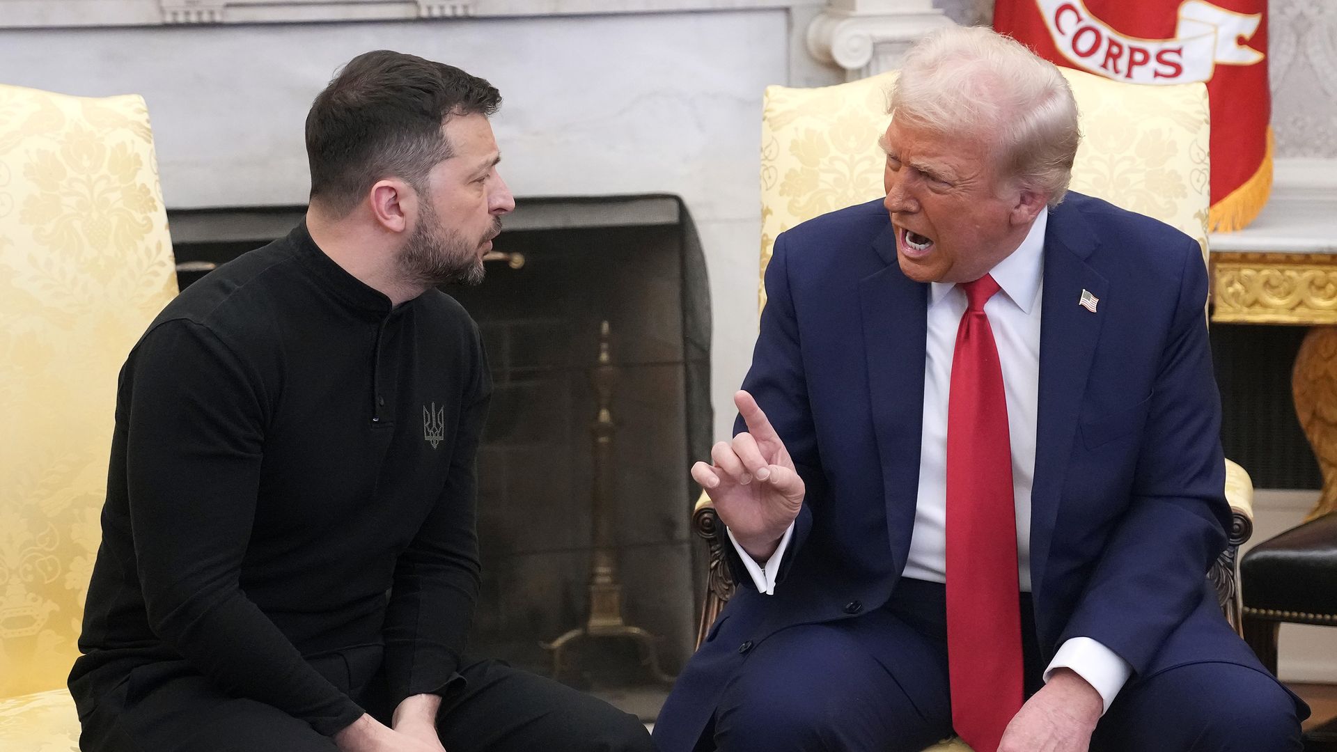 President Trump points at President Zelensky during a heated meeting in the White House's Oval Office.
