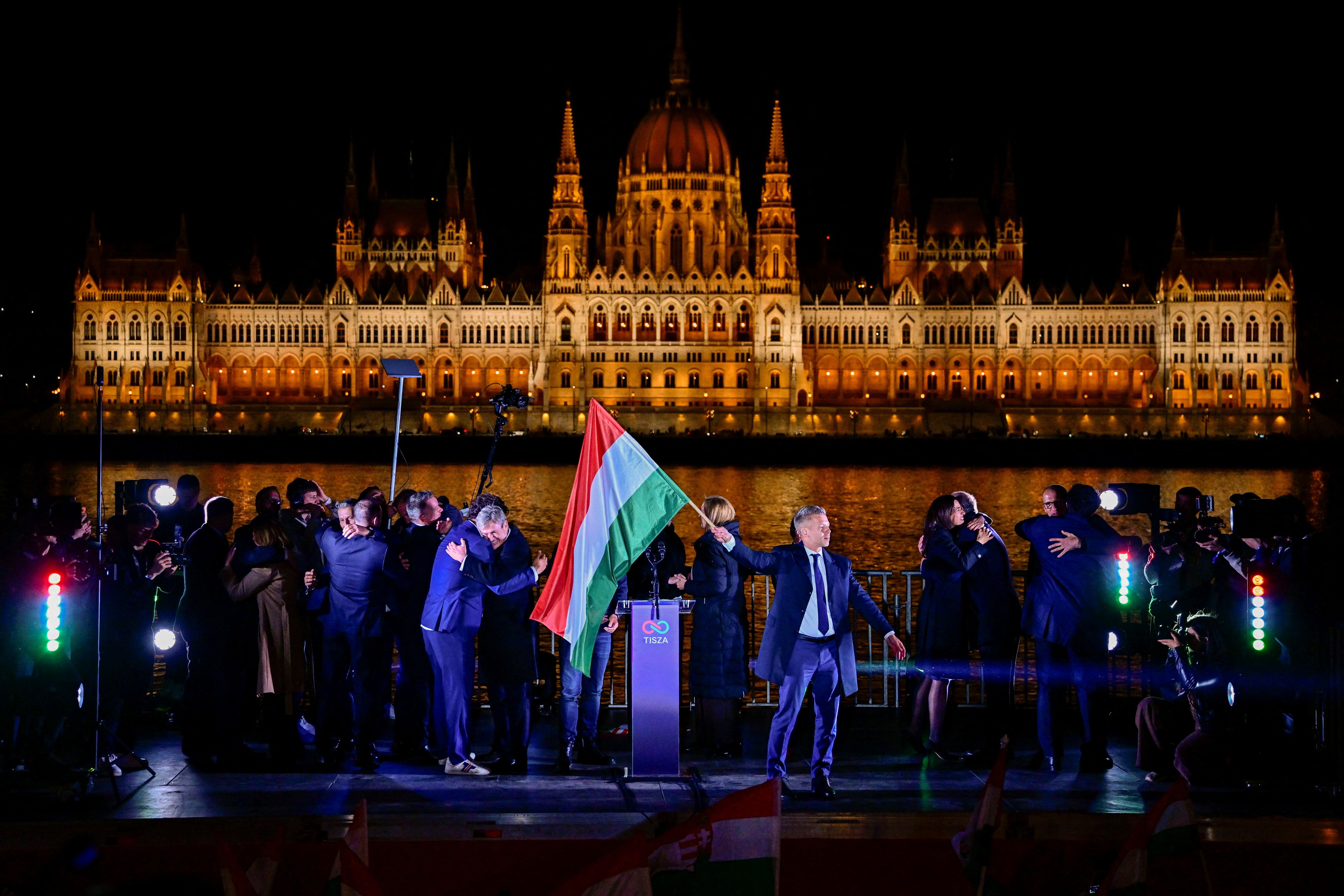 Peter Magyar speaks at an election night rally in Budapest last night.