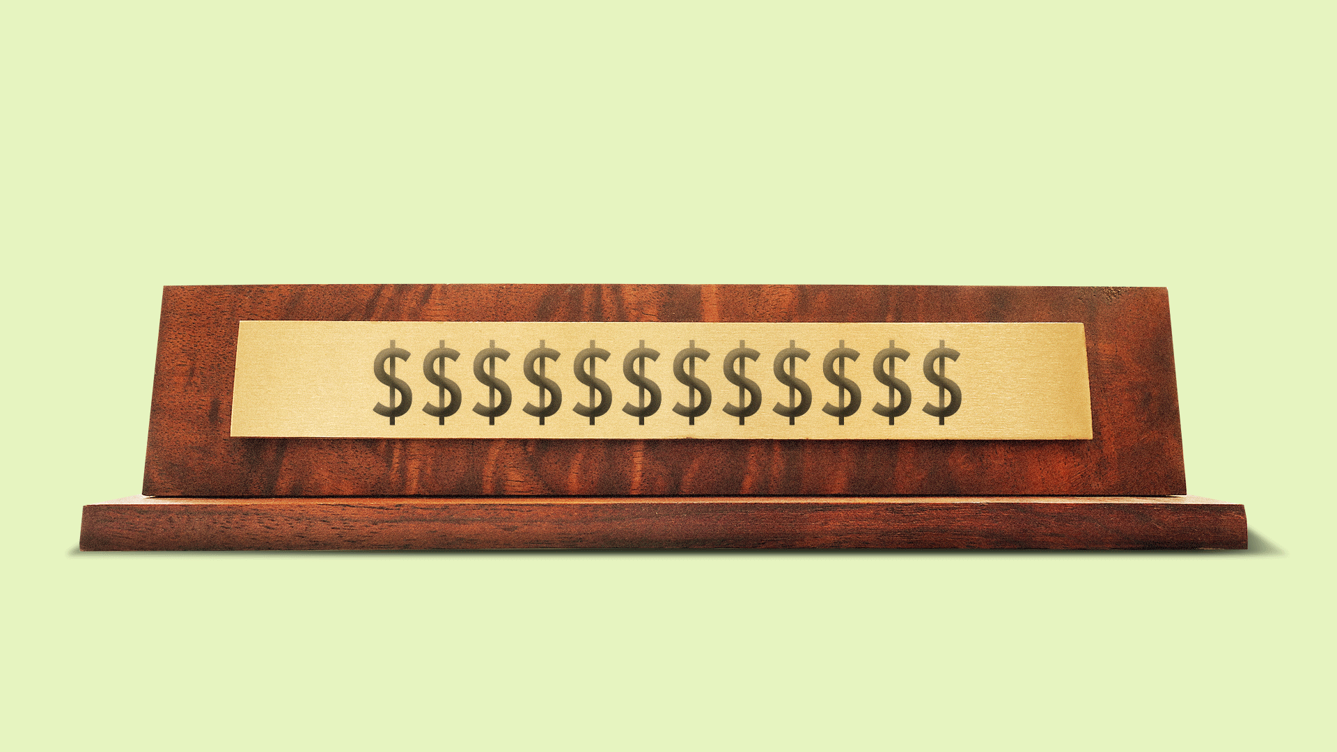 Illustration of a desk nameplate with dollar signs on it disappearing and re-appearing
