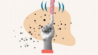 Illustrated collage of a hand balancing a stack of piggy banks. 