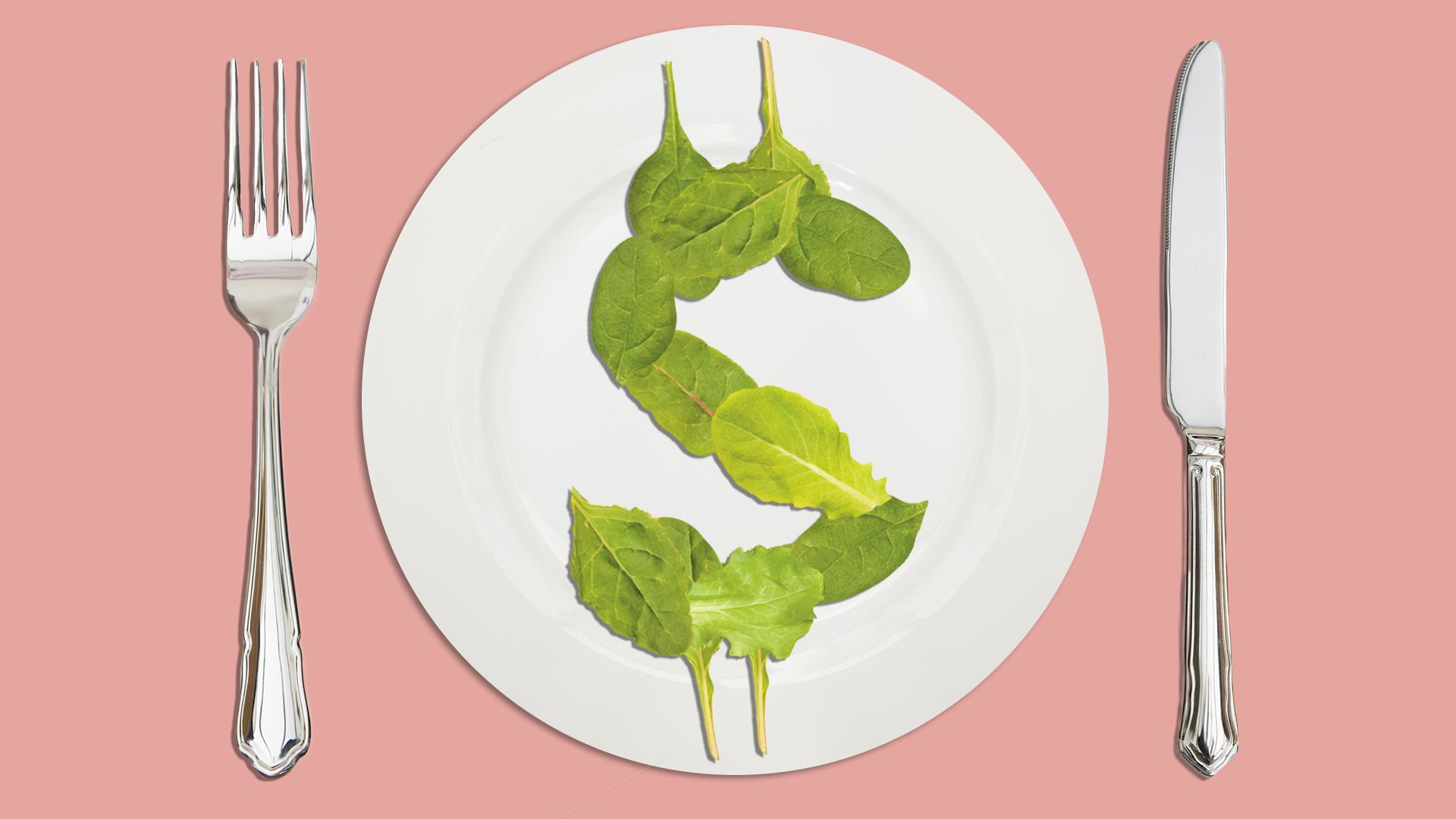 Illustration of salad in the shape of a dollar sign on a plate.