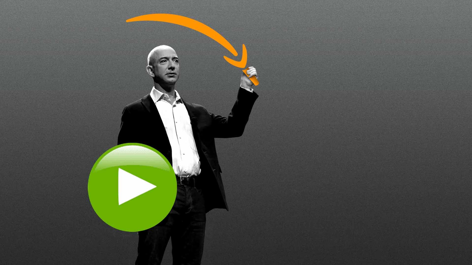 Illustration of Jeff Bezos wielding an Amazon logos as a sword and shield