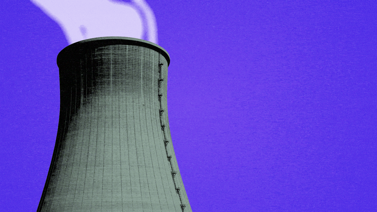 Animated illustration of a smoking nuclear power power plant tower that twitches and multiplies into a line of towers into the distance.
