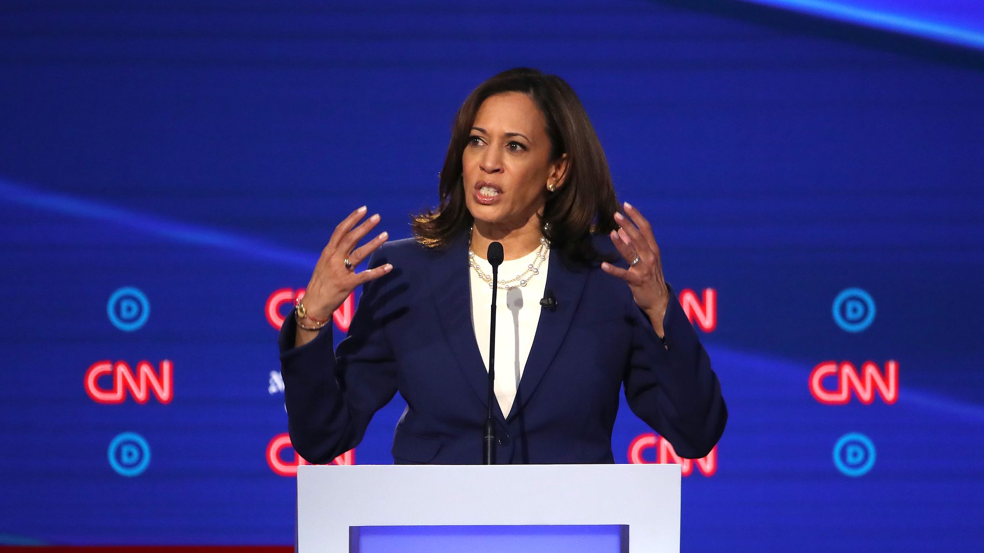 Sen. Kamala Harris (D-CA) speaks during the Democratic Presidential Debate at Otterbein University on October 15, 2019 in Westerville, Ohio.