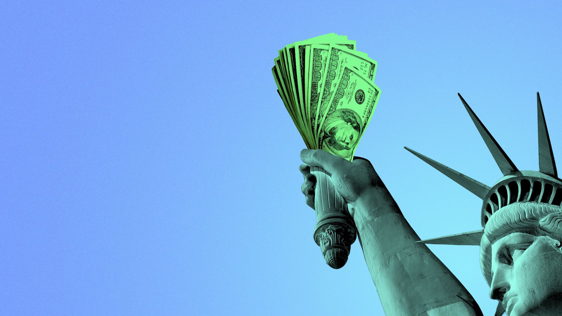 Illustration of the Statue of Liberty holding cash instead of a torch.