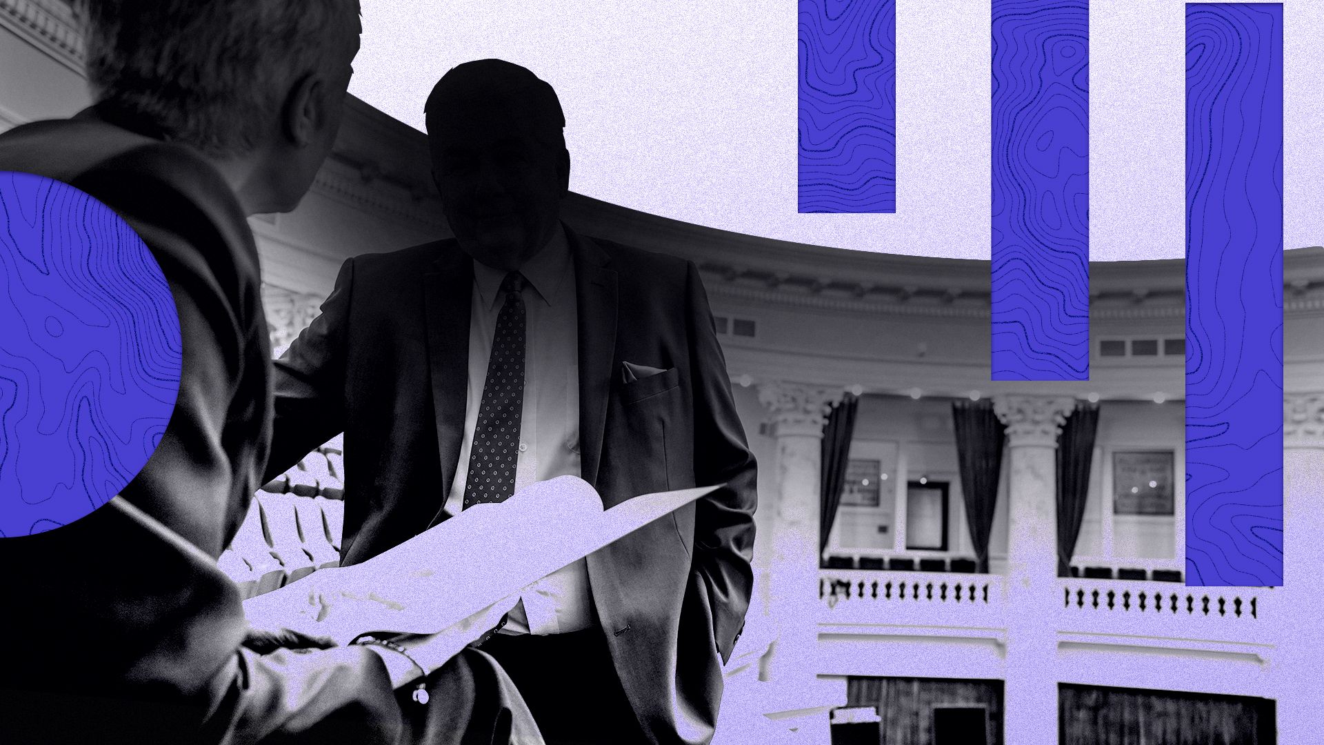 Illustration of two politicians holding papers and speaking inside the Capitol Building surrounded by graphic shapes filled with contour line patterns.