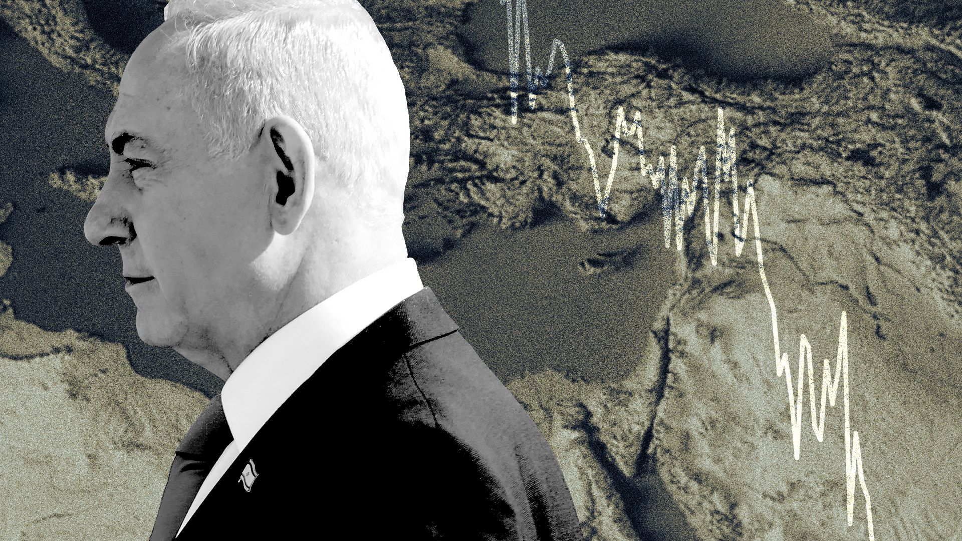 Photo illustration of a collage featuring Benjamin Netanyahu in front of a map of the Middle East and a downward trending line chart.