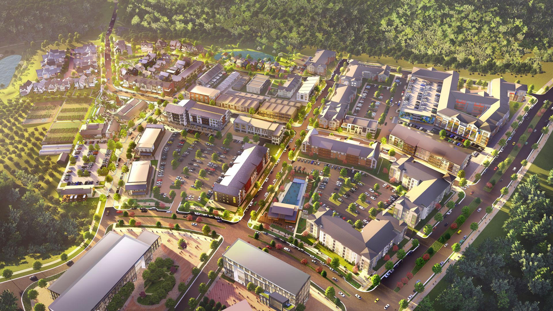 A rendering of the aerial view of The River District