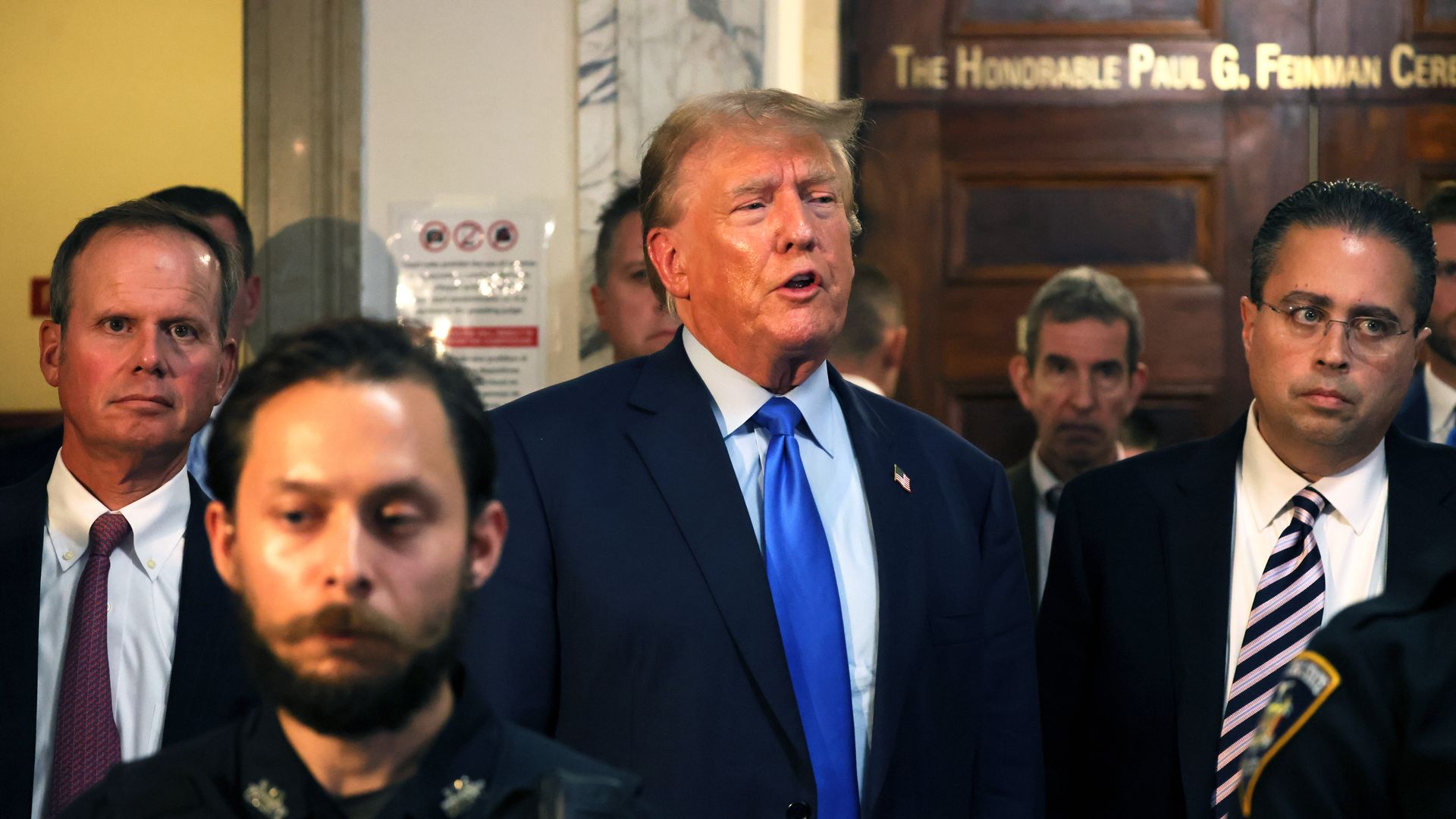 Former President Donald Trump makes a statement at the end the first day of his civil fraud trial at New York State Supreme Court on October 02, 2023 in New York City. 