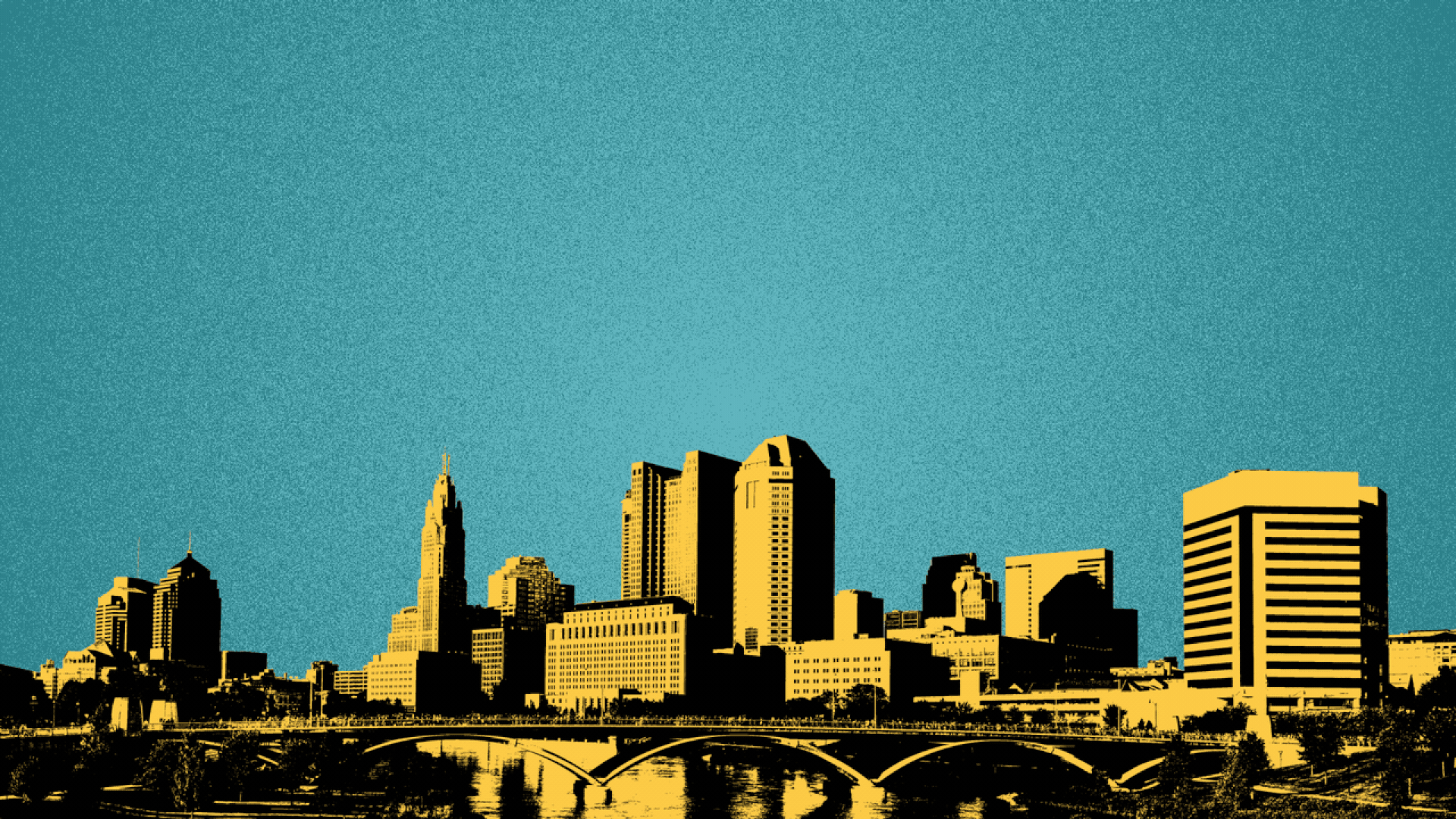 Illustration of the Columbus skyline, with word balloons with exclamation points in them popping up across the city.