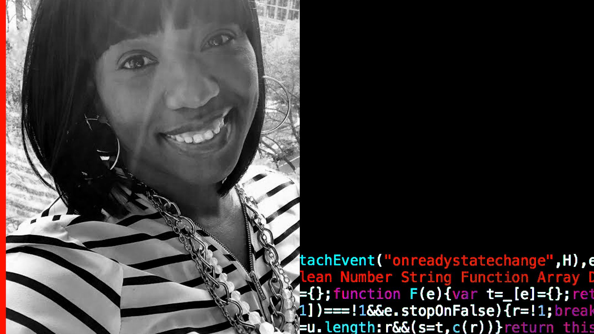 Photo of a woman next to computer code on a black background