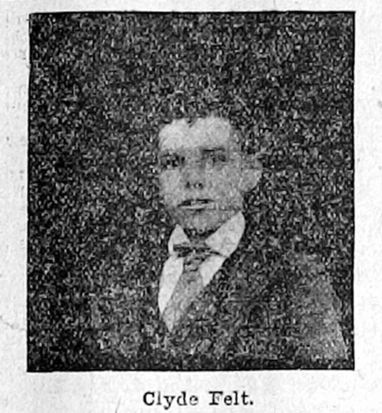 A grainy photo from an old newspaper of a young teenage boy, with the caption "Clyde Felt."