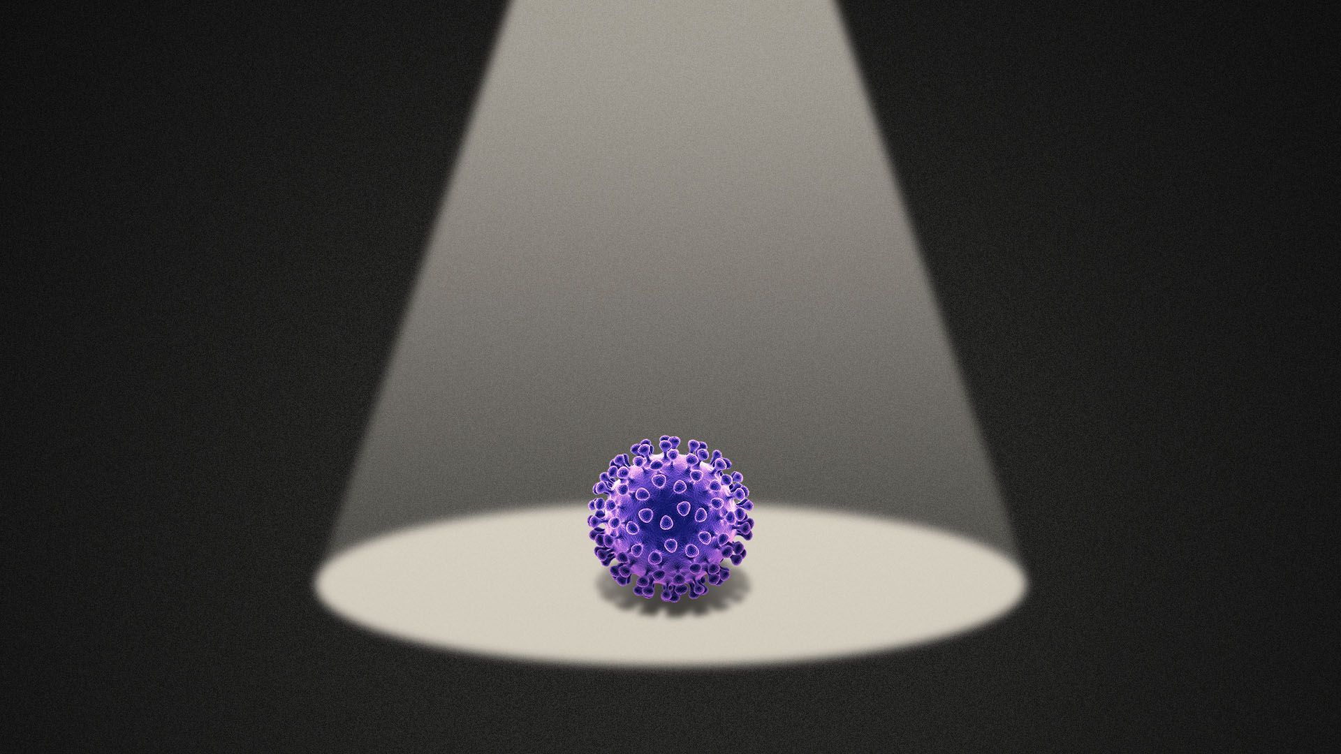 Illustration of a purple coronavirus under a spotlight in the dark