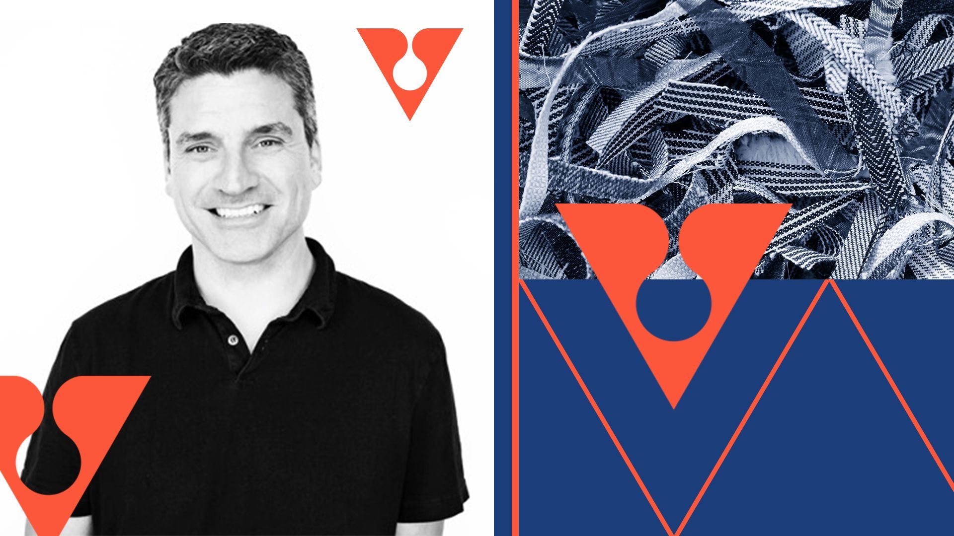Photo illustration of Trevor Neilson, the WasteFuel logo , and torn straps of denim.