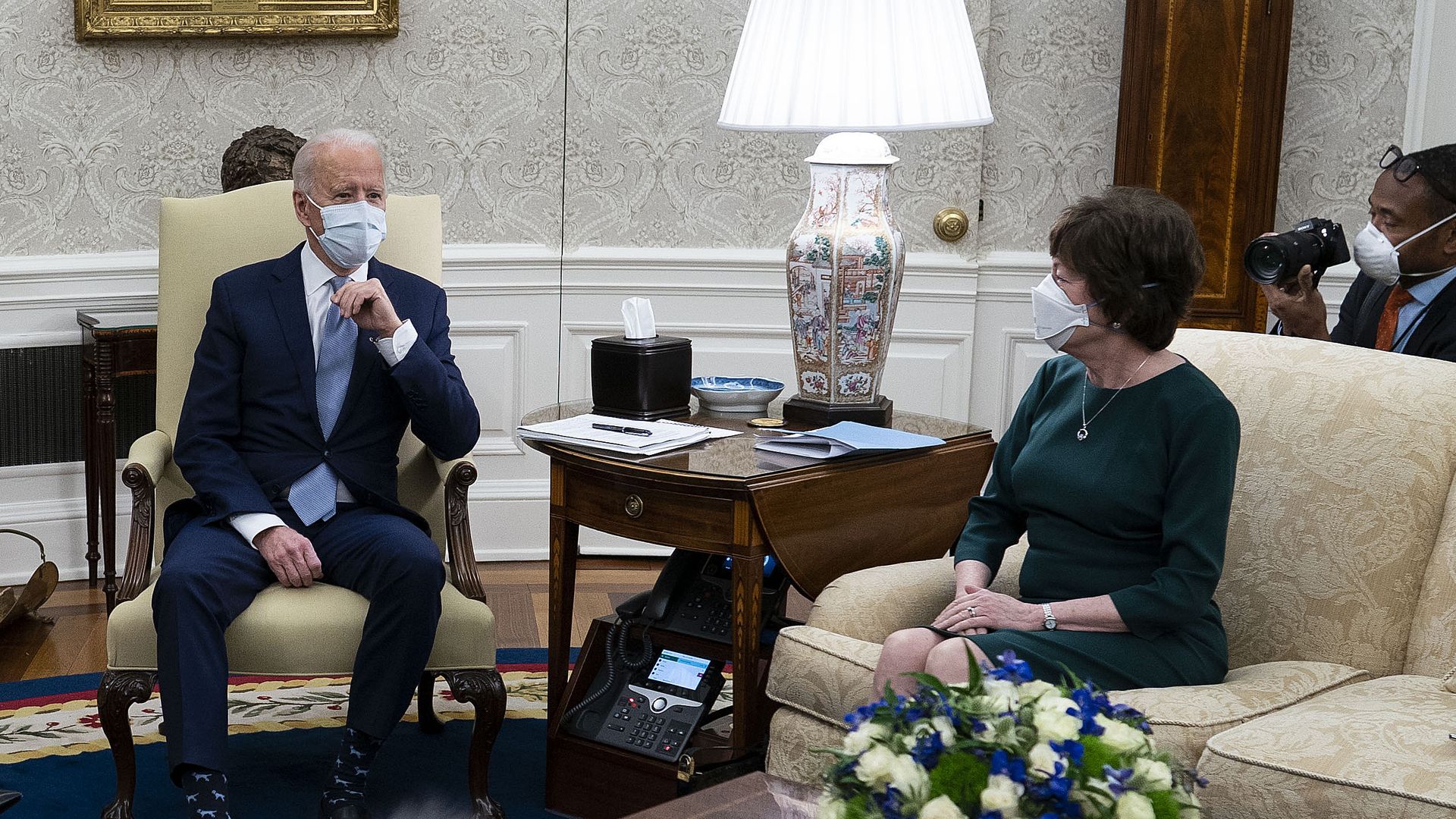 President Joe Biden with Republican Sen. Susan Collins (R-ME) in the Oval Office at the White House February 01, 2021 in Washington, DC. 
