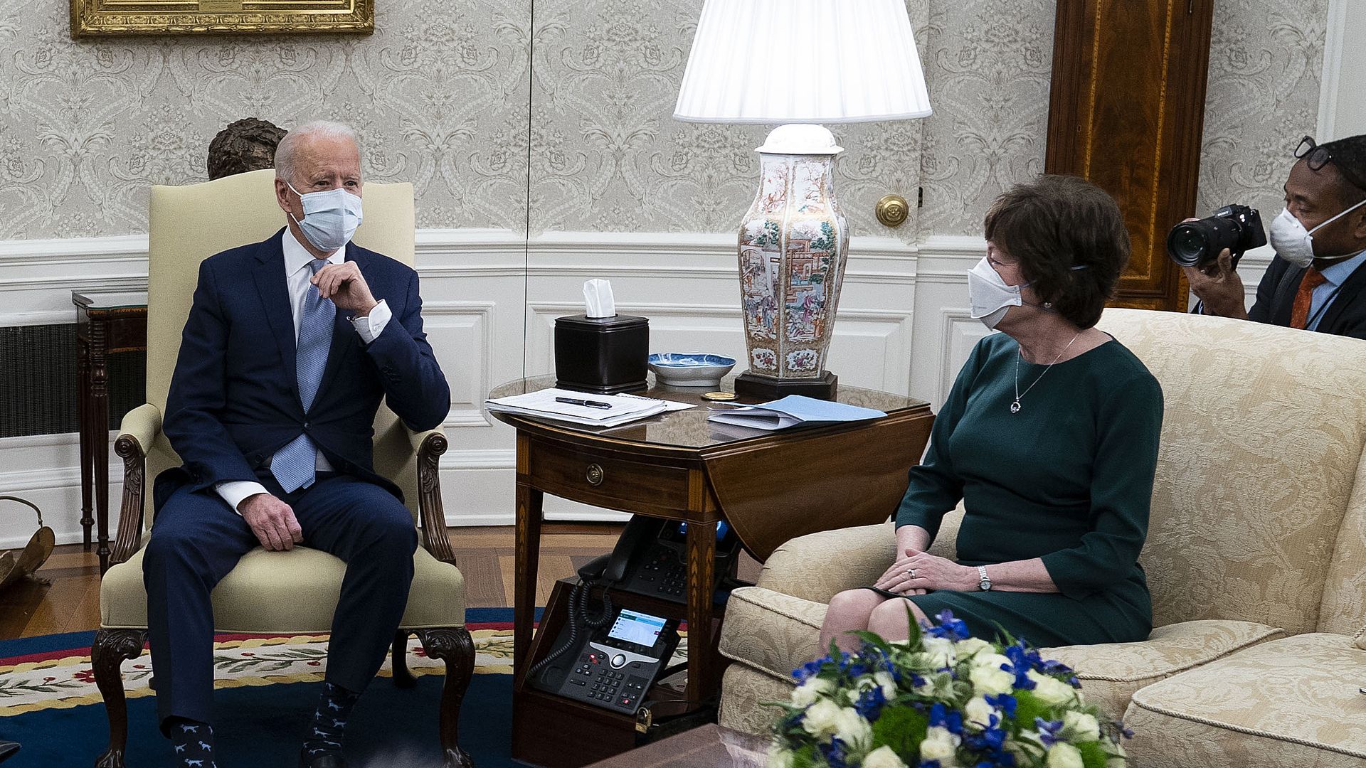 President Joe Biden with Republican Sen. Susan Collins (R-ME) in the Oval Office at the White House February 01, 2021 in Washington, DC.