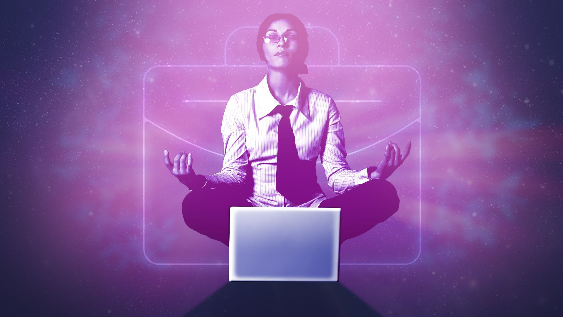Illustration of a meditating worker in front of a laptop with a glowing briefcase and abstract space behind her