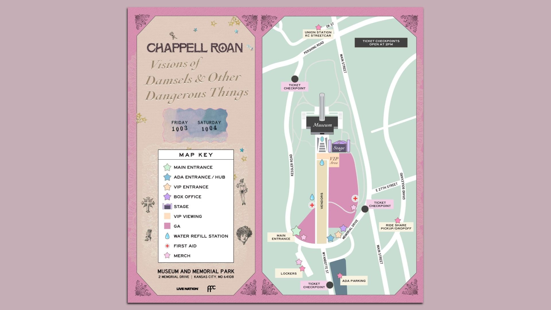 Event map for Chappell Roan's "Visions of Damsels & Other Dangerous Things" concert on Oct 3-4 at Museum and Memorial Park, Kansas City. Includes entrances, stage, VIP and general areas, water, first aid.