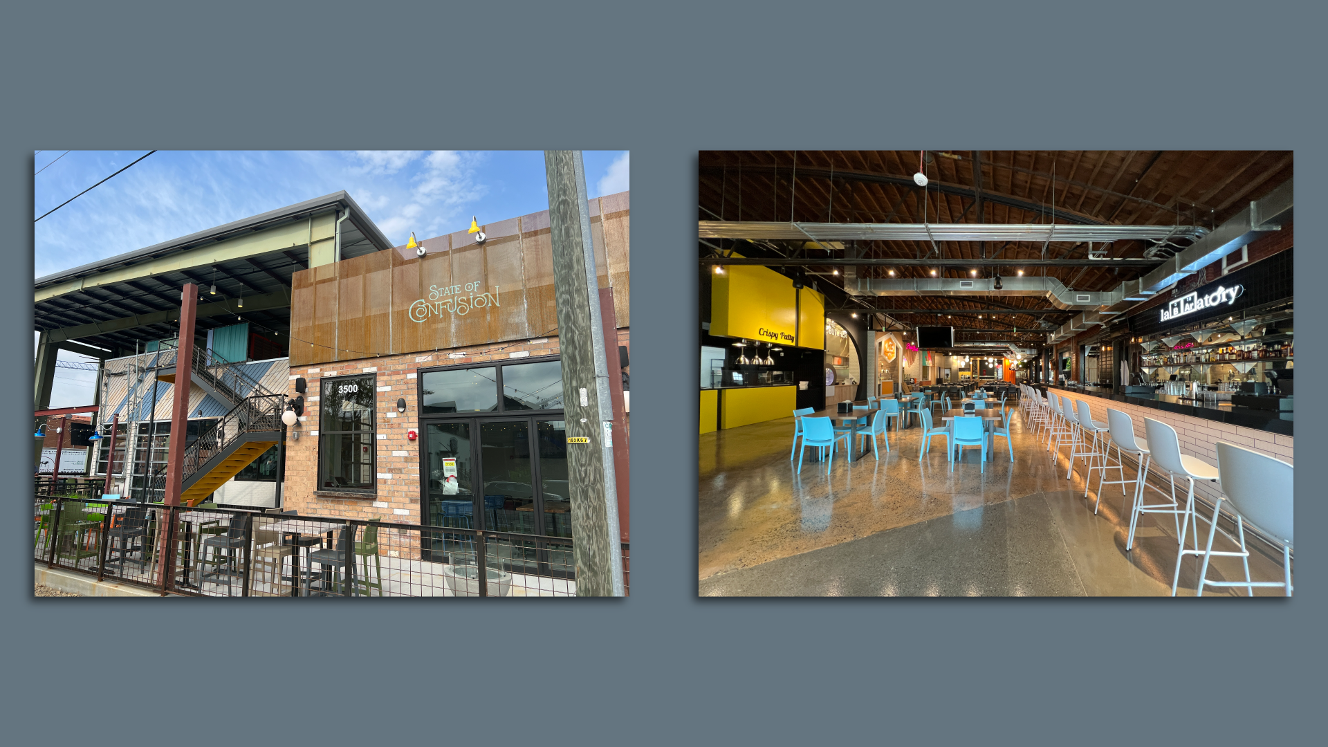 The outside of a restaurant on the left and the inside of a food hall on the right