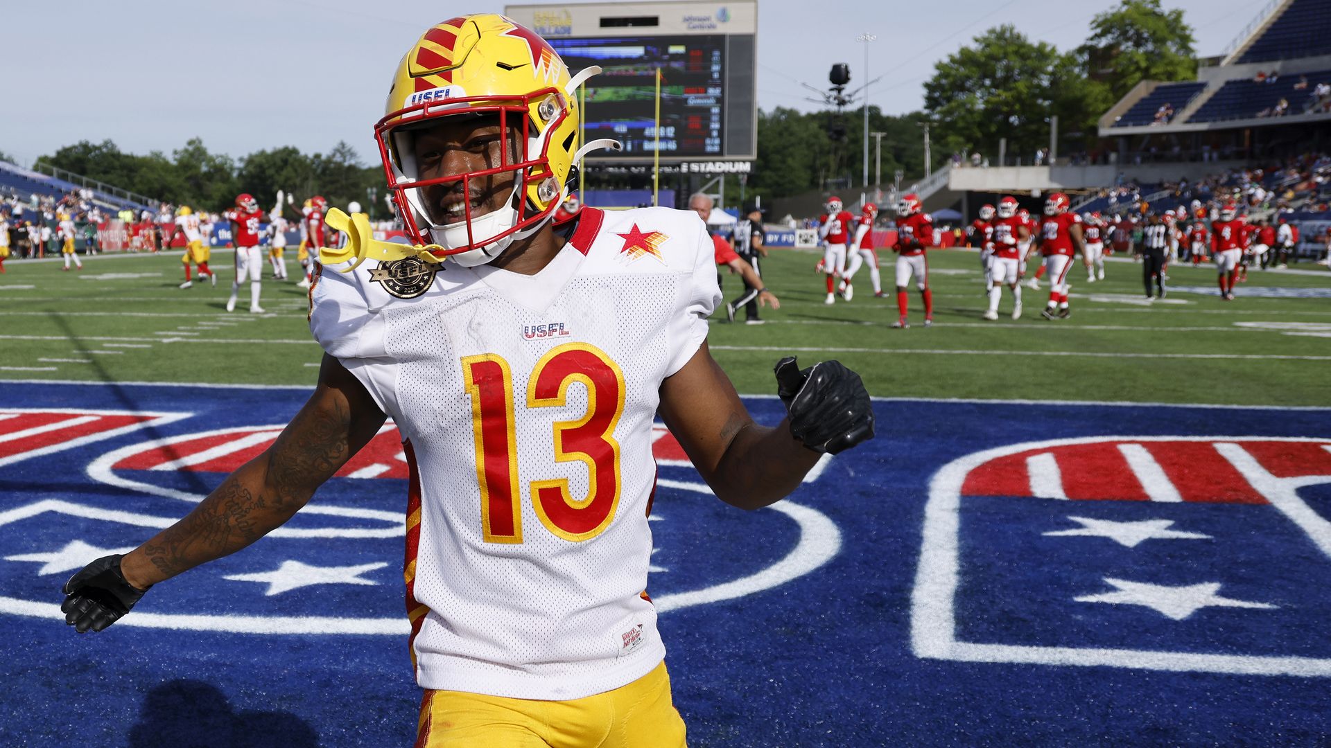 Philadelphia Stars wide receiver Maurice Alexander celebrates after a punt return during the USFL playoff game against the New Jersey Generals in Canton, Ohio, on June 25.
