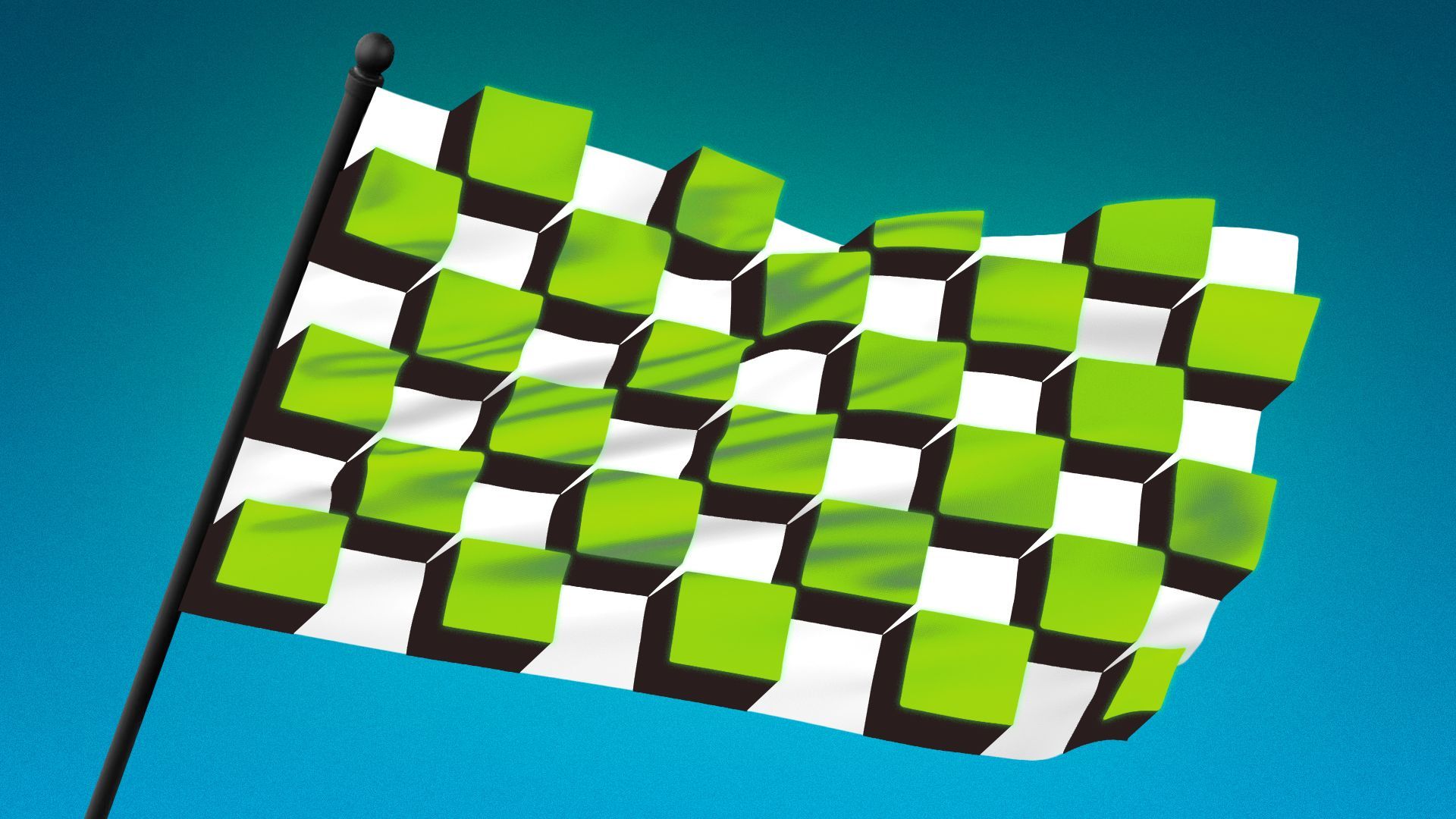 Illustration of a checkered race flag with neon green three-dimensional cubes in place of the flat black squares