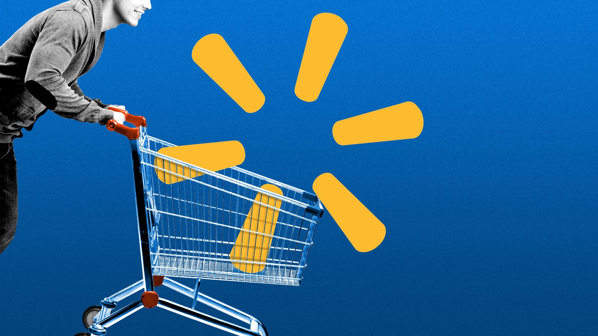 Illustration of a smiling man pushing a shopping cart with a giant Walmart logo
