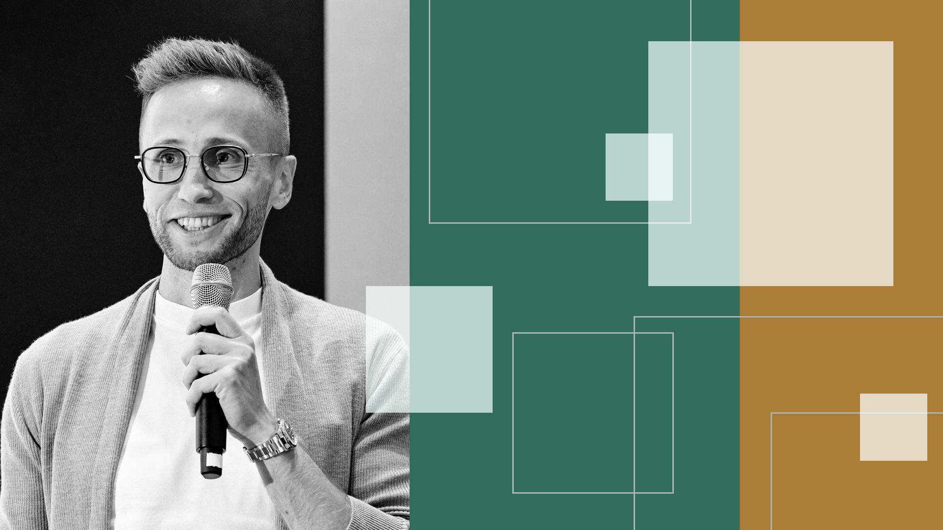 Photo illustration of Sergey Jakimov surrounded by abstract shapes. 