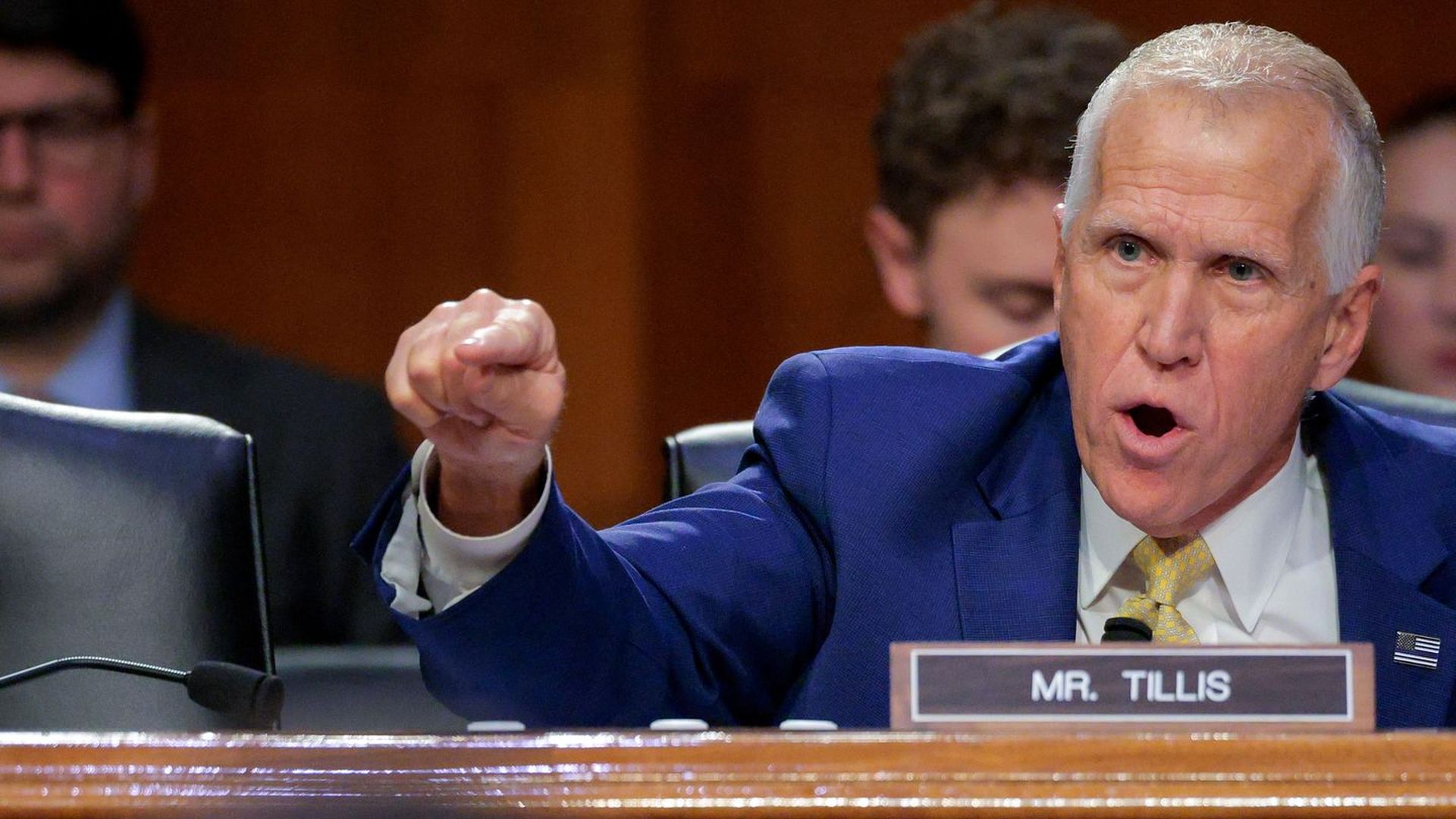 Sen. Thom Tillis (R-N.C.) criticizes Homeland Security Secretary Kristi Noem at the Senate Judiciary Committee on Tuesday.