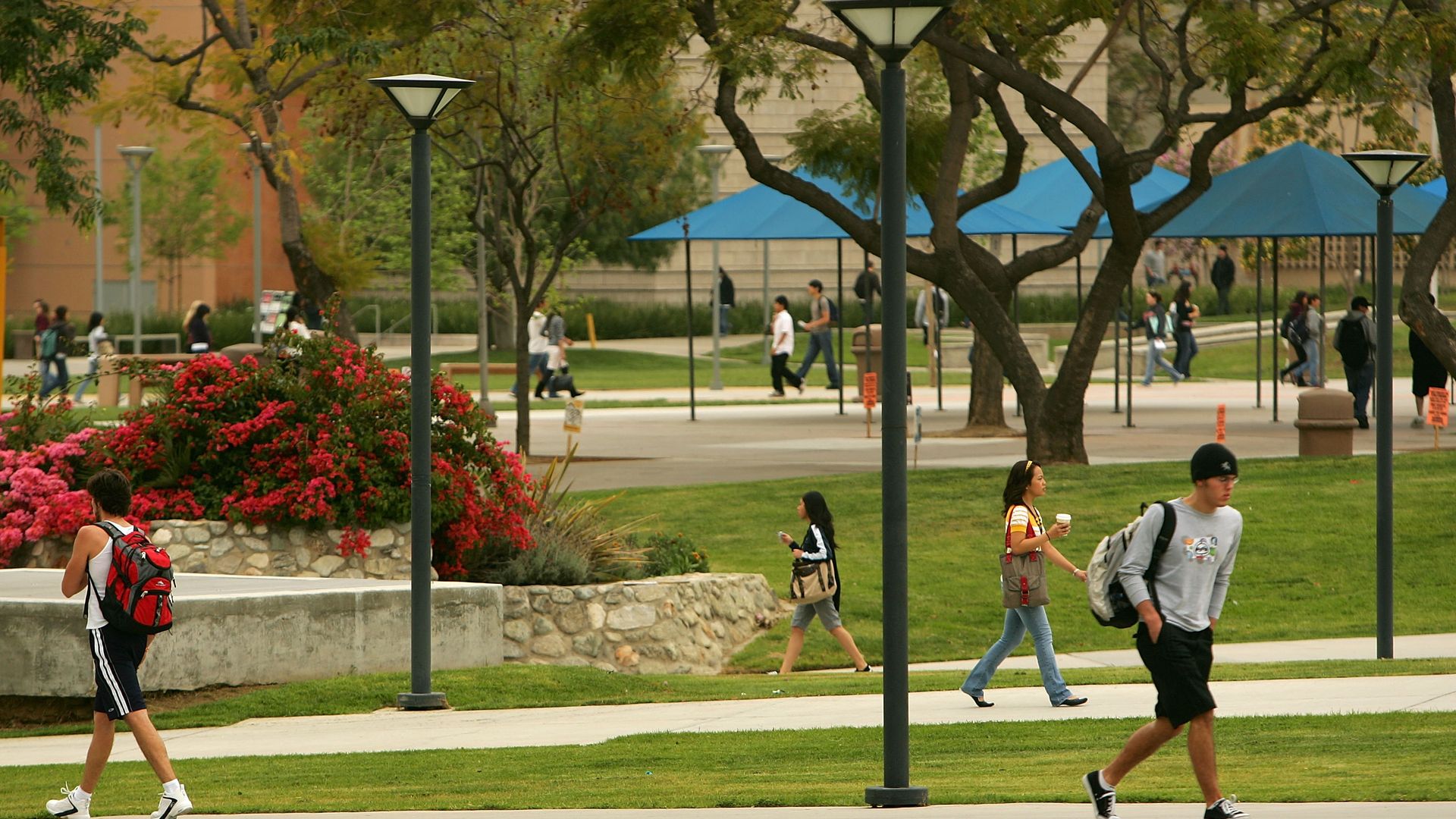 Students walk on the campus of California State University.