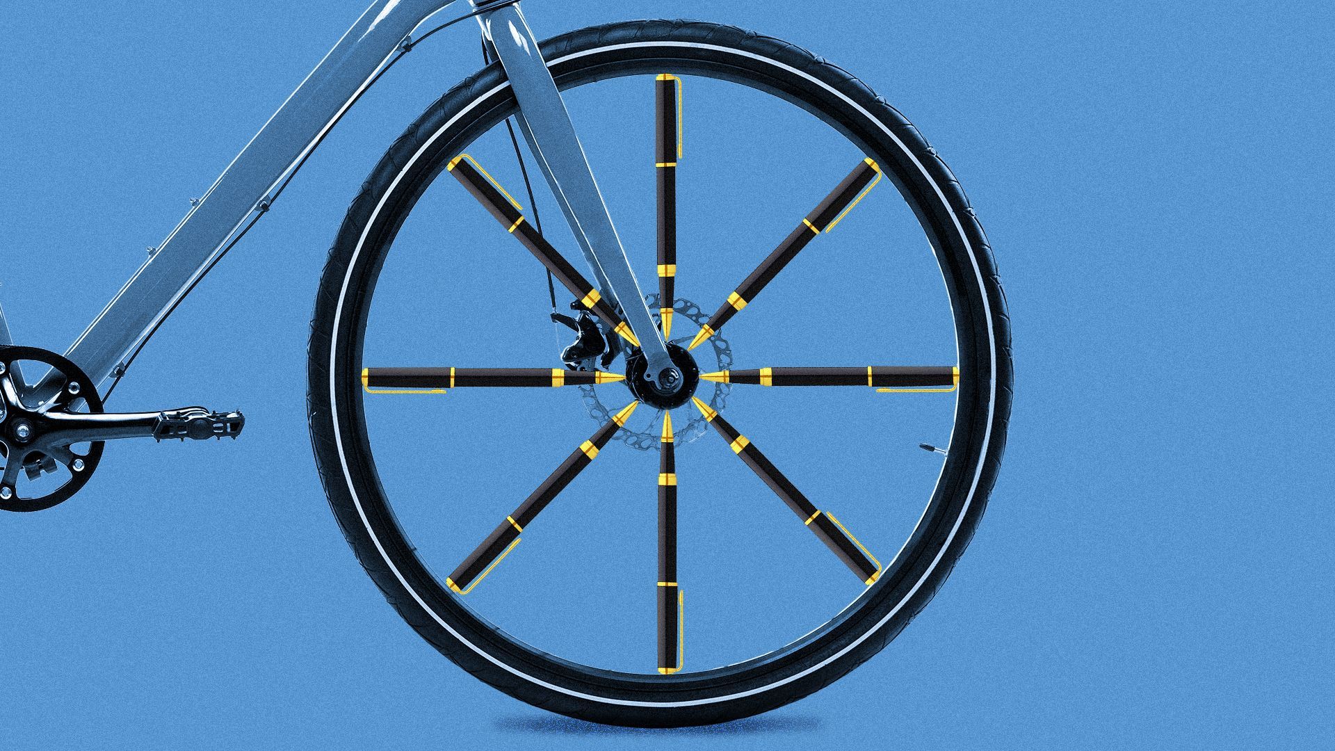 Illustration of pens replacing the spokes of a bicycle wheel.