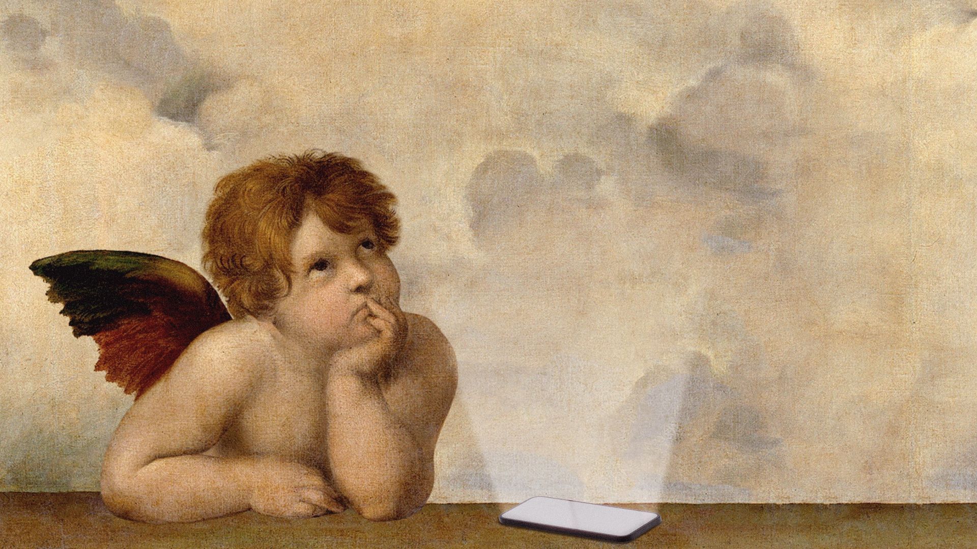 Illustration of a cell phone next to a cherub in Raphael's "Two Cherubs" painting.