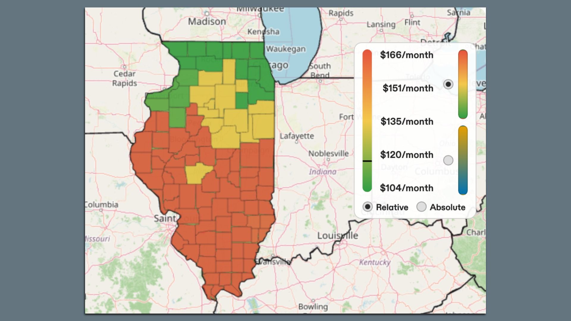 Colored map of Oklahoma and surrounding states with counties shaded green, yellow, orange, and red to indicate monthly costs; legend shows amounts from $166/month to $104/month.